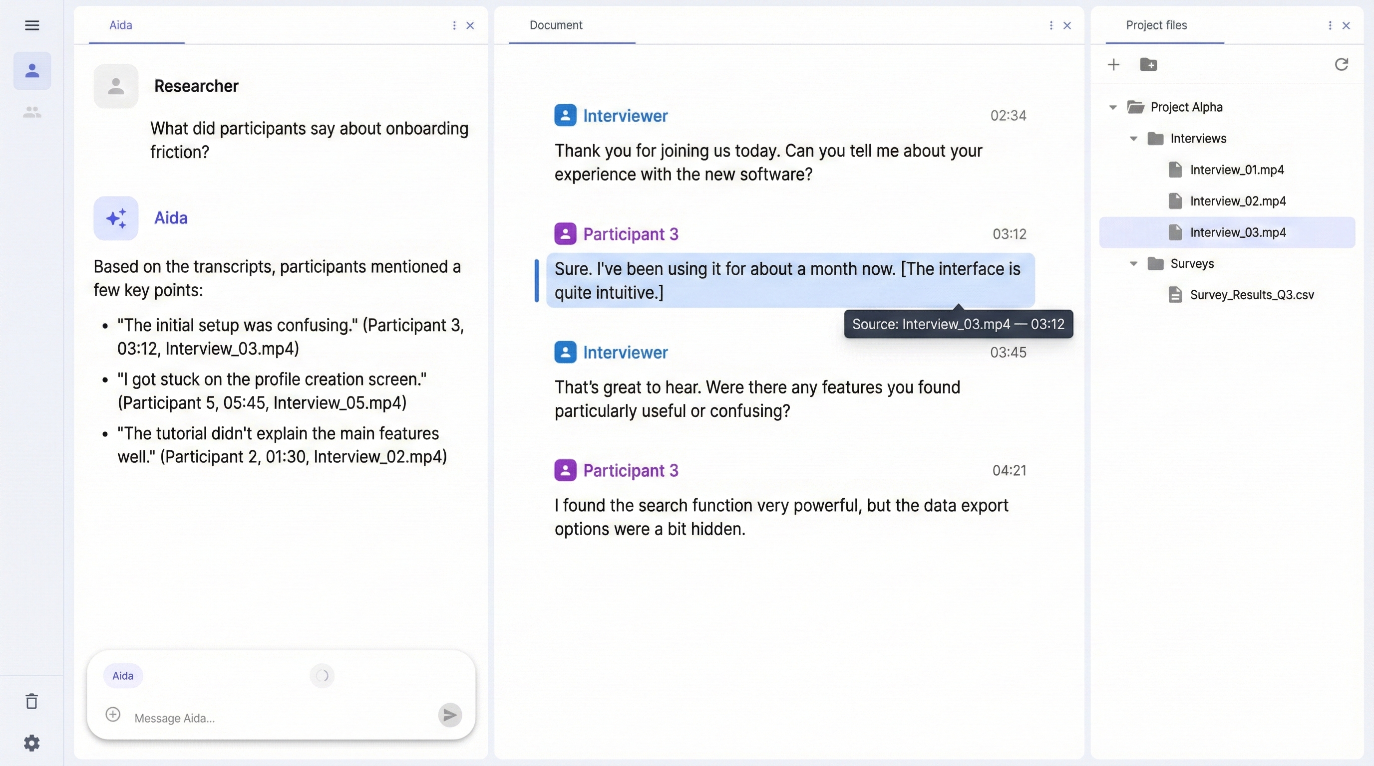 Transcript editor showing speaker labels and timestamps